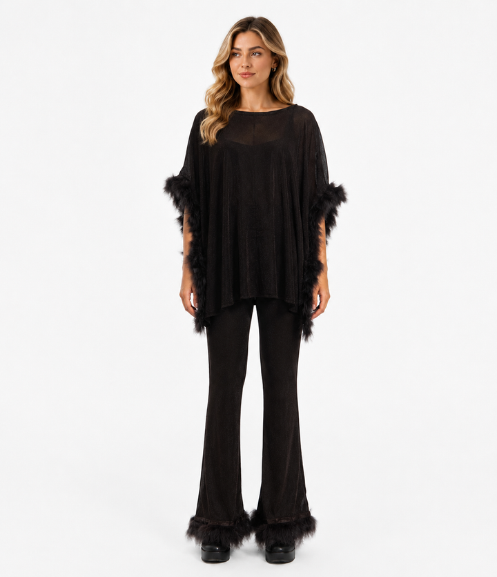 Feather Trim Three-Piece Evening Set — Noir