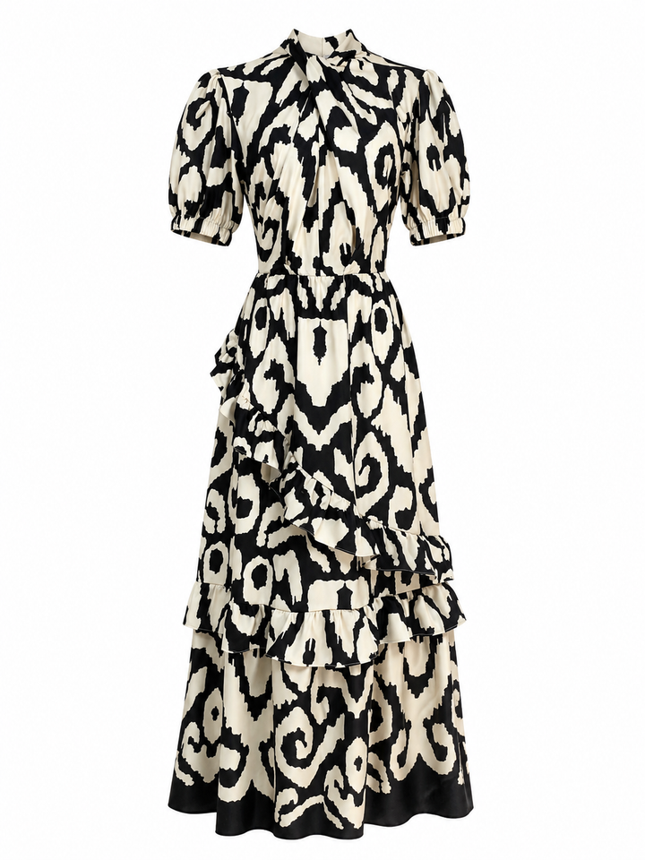Midnight Ivory Abstract Print Ruffle Maxi Dress - Grace