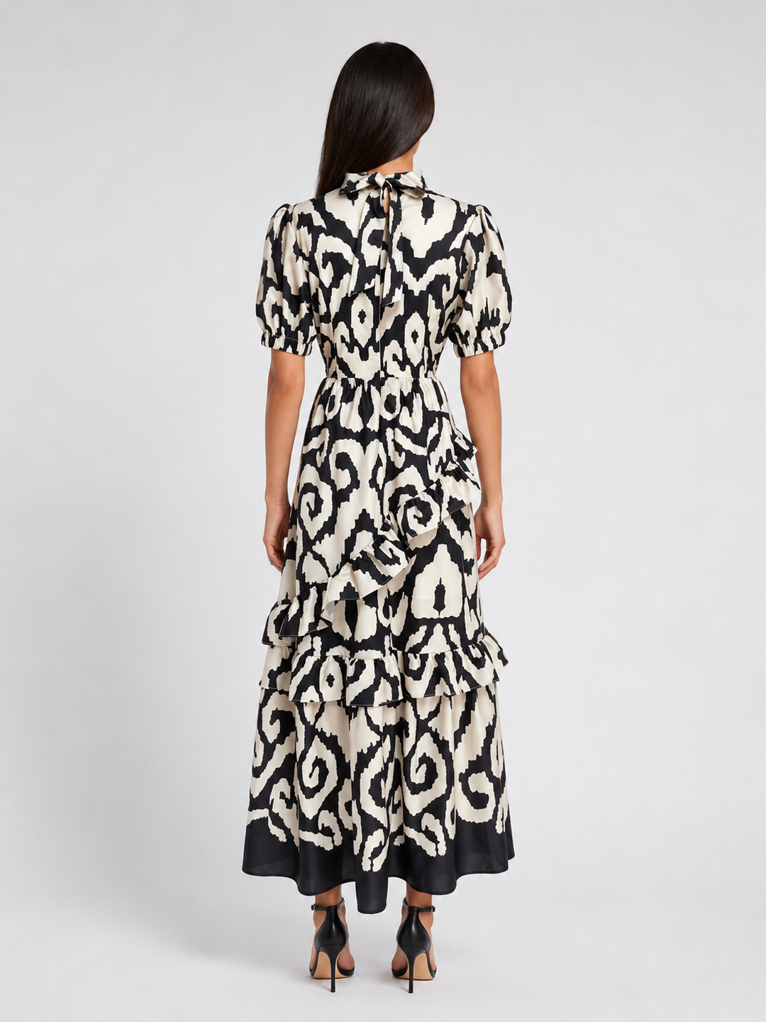 Midnight Ivory Abstract Print Ruffle Maxi Dress - Grace
