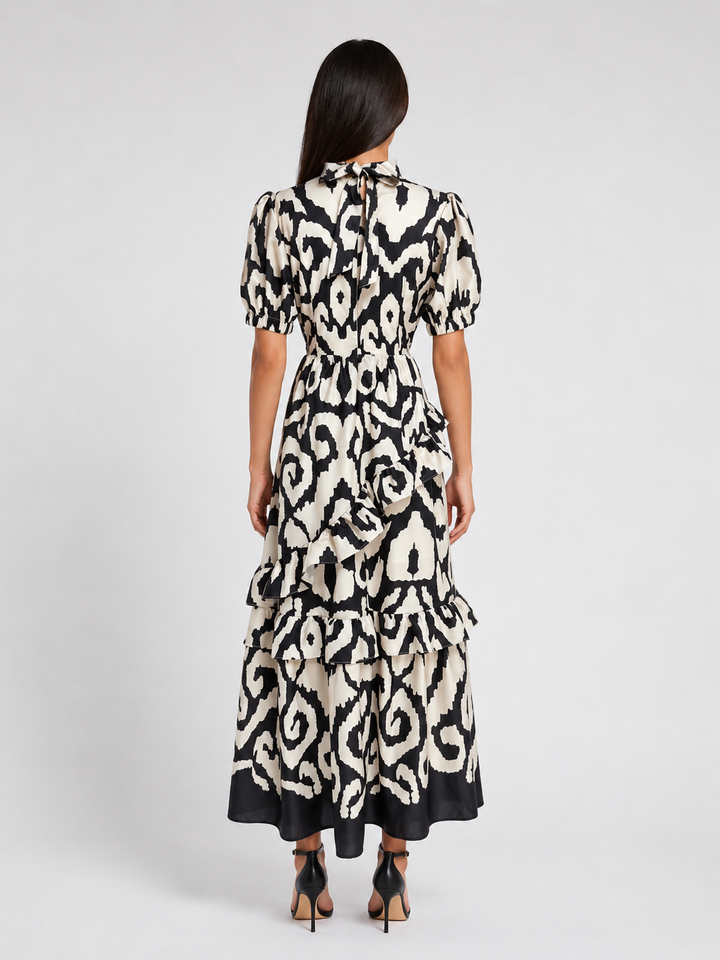 Midnight Ivory Abstract Print Ruffle Maxi Dress - Grace