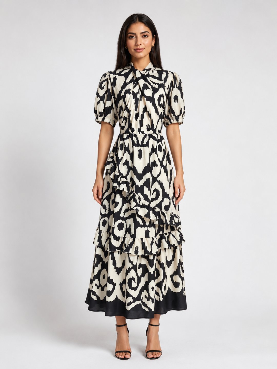 Midnight Ivory Abstract Print Ruffle Maxi Dress - Grace