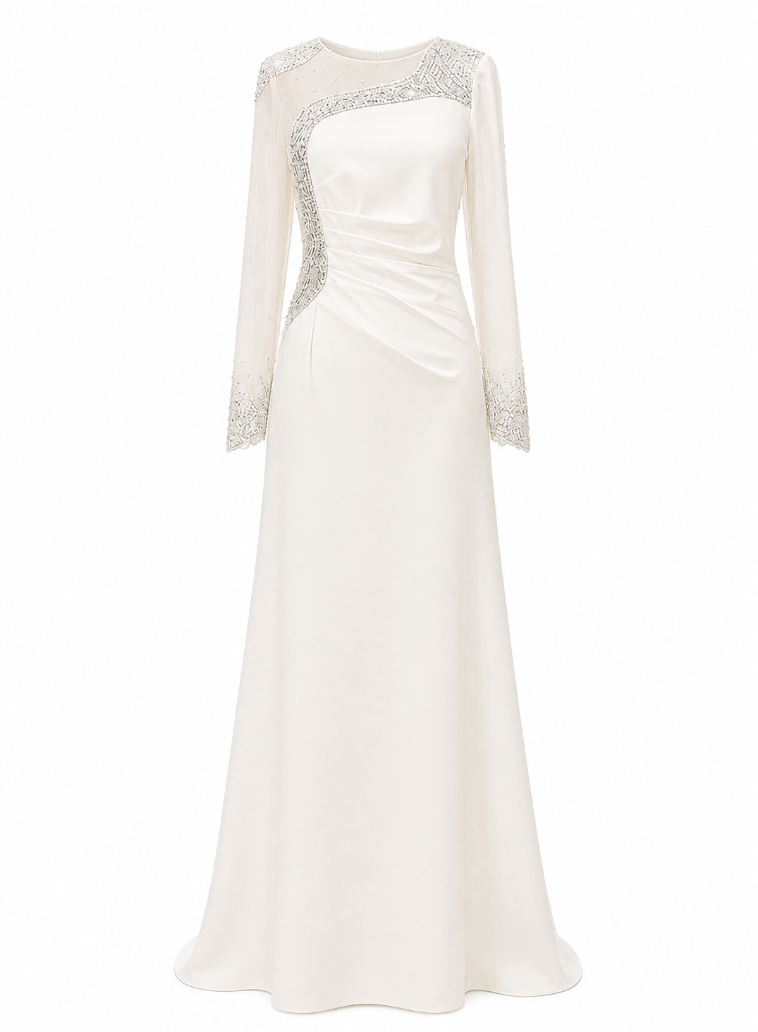 Ivory Crystal-Embellished Long Sleeve Gown – Elara