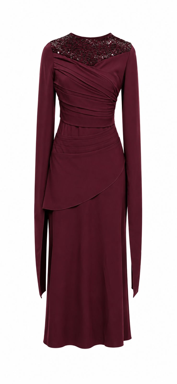 Burgundy Sequin Mesh Ruched Evening Dress
