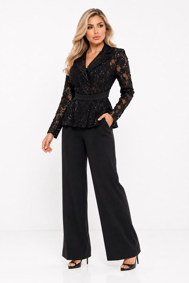 Sequin Lace Blazer & Wide-Leg Pants Set - Noir