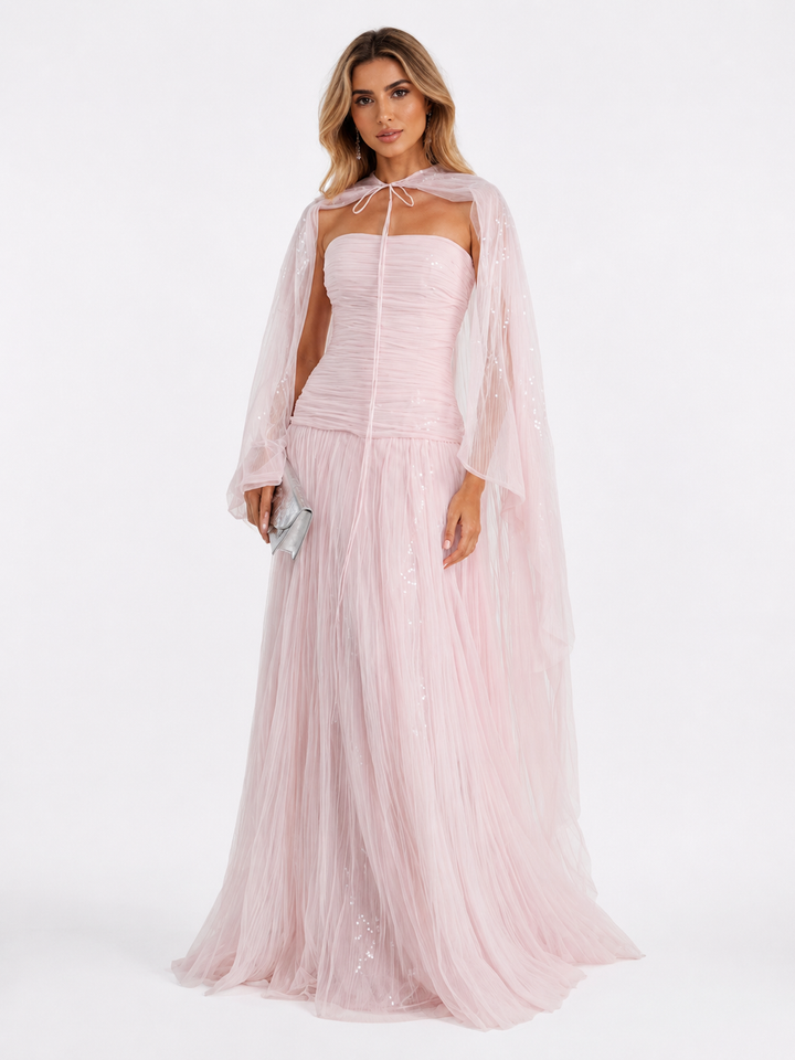 Ruched Cape Sequin Gown - Blush