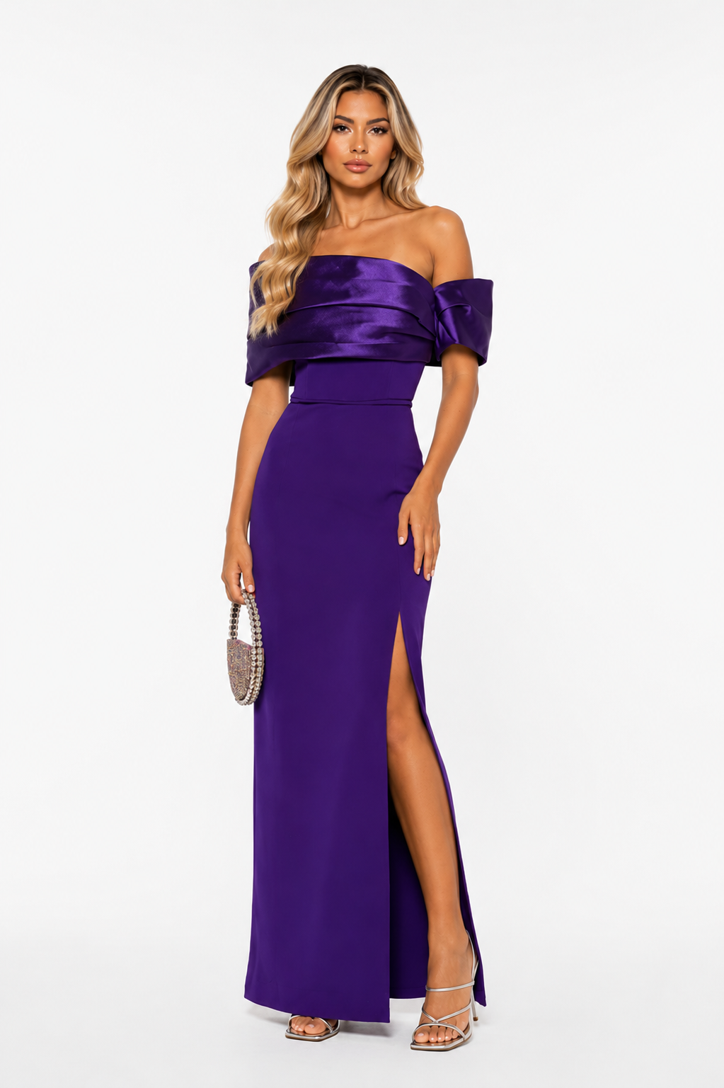 Off-Shoulder Satin Maxi Dress – Violet