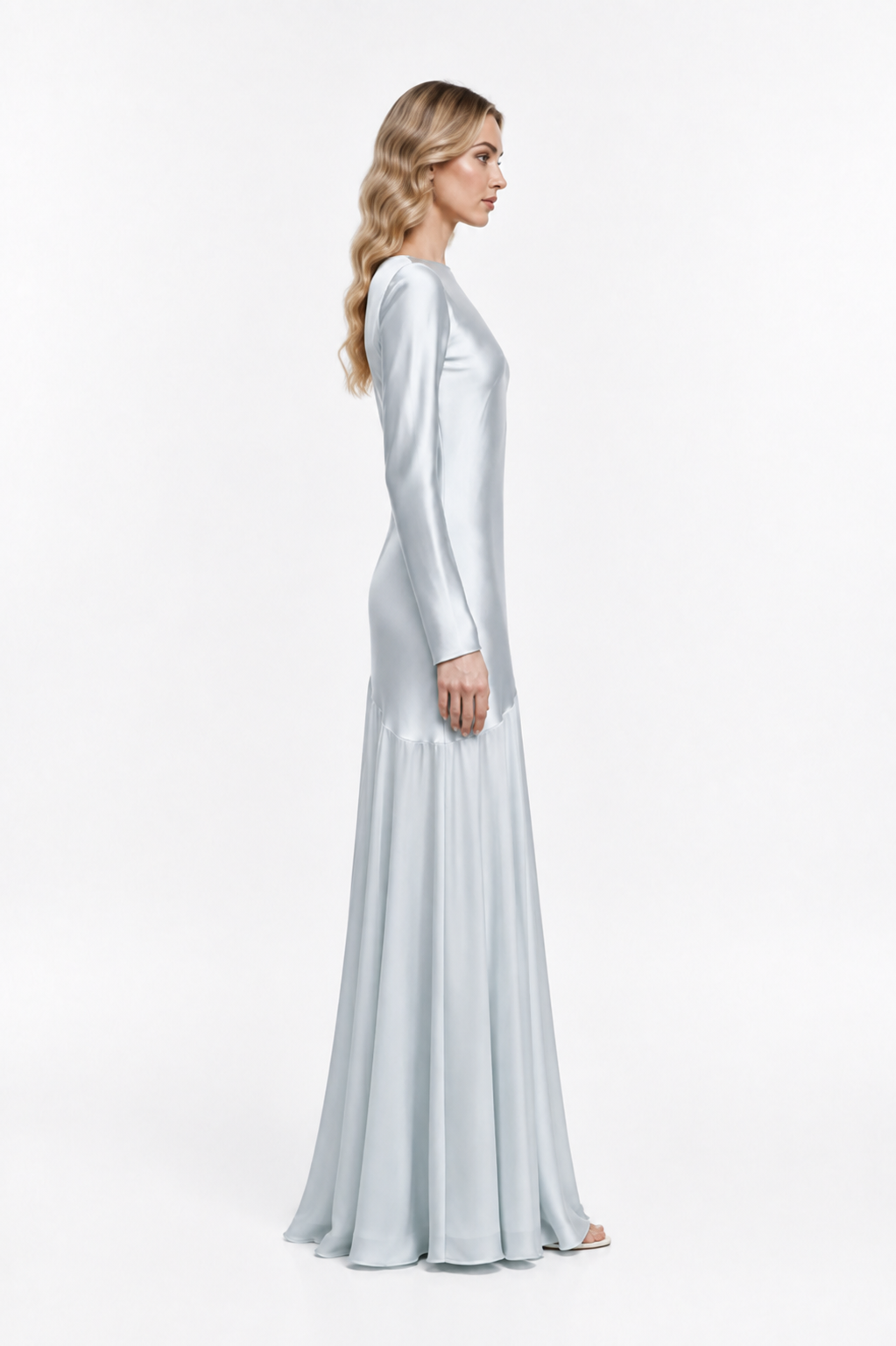 Ice Blue Satin Long-Sleeve Gown – Glacia