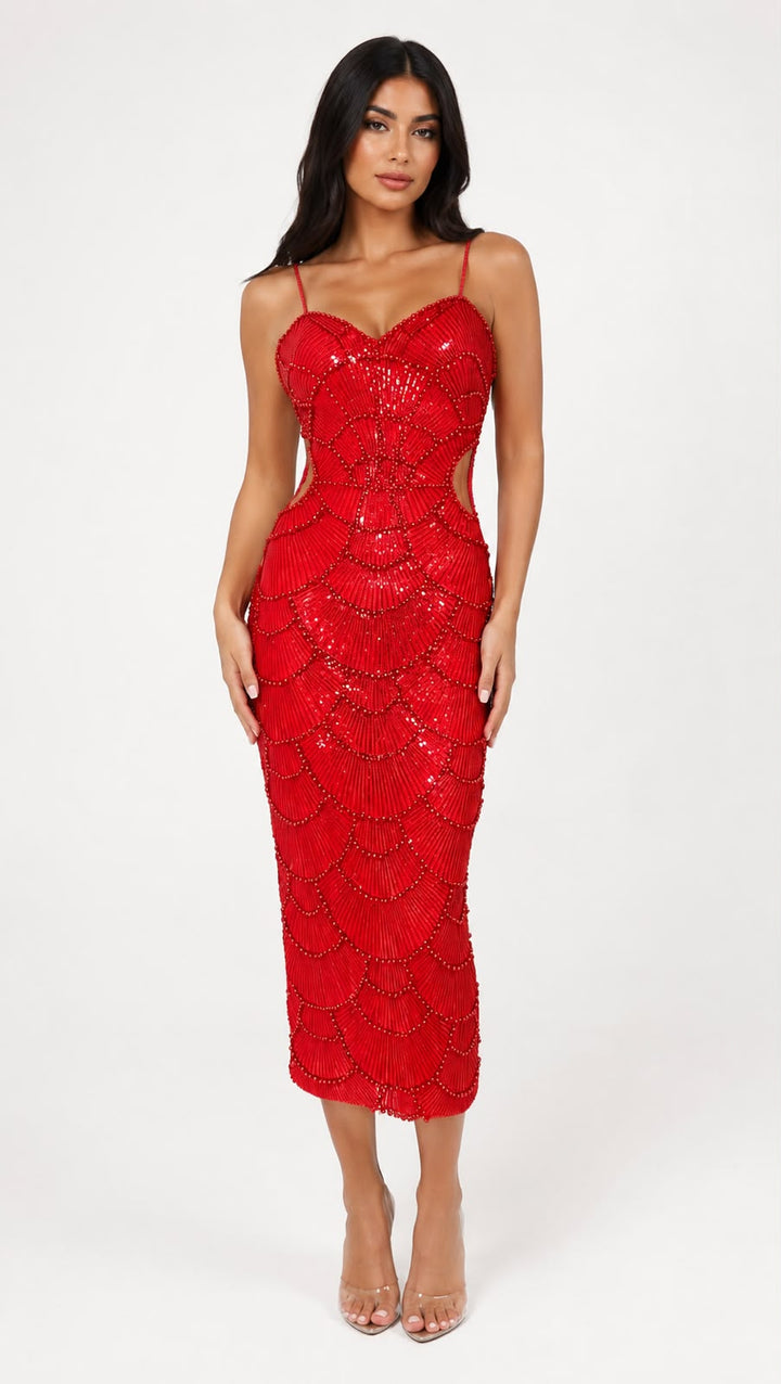 Pearl Beaded Midi Dress - Opulence