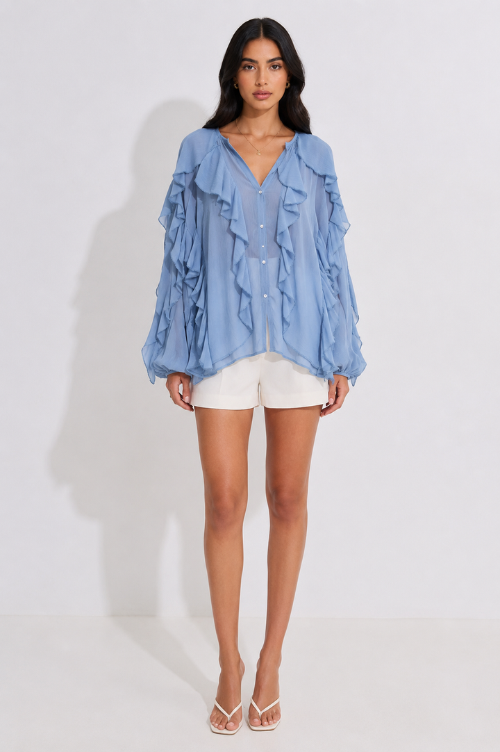 Blush Ruffle Tie-Neck Chiffon Blouse - Romance