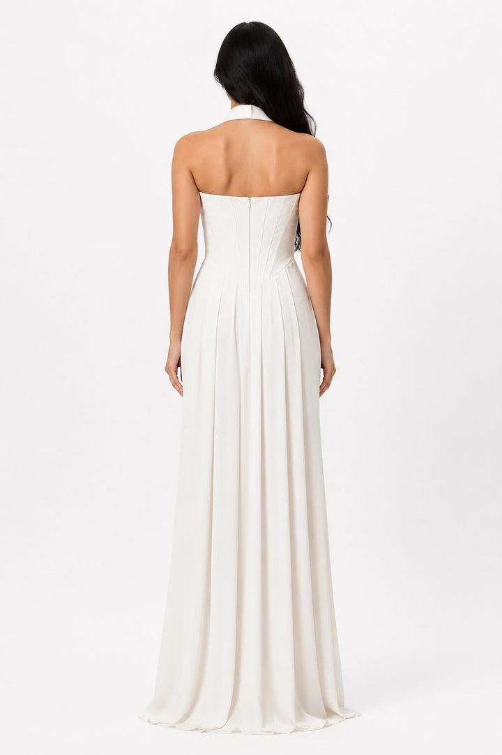 Embellished Halter Draped Maxi Dress - Pearl