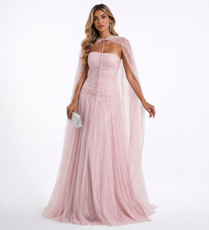 Ruched Cape Sequin Gown - Blush