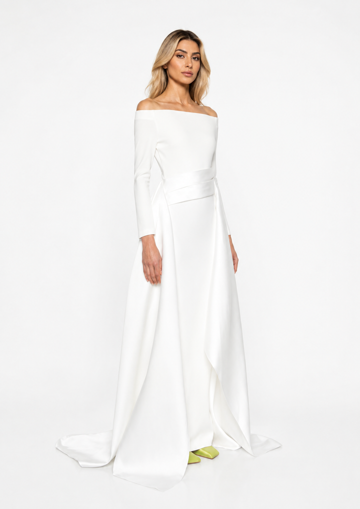 off-shoulder gown with sculpted draped train – Xalee
