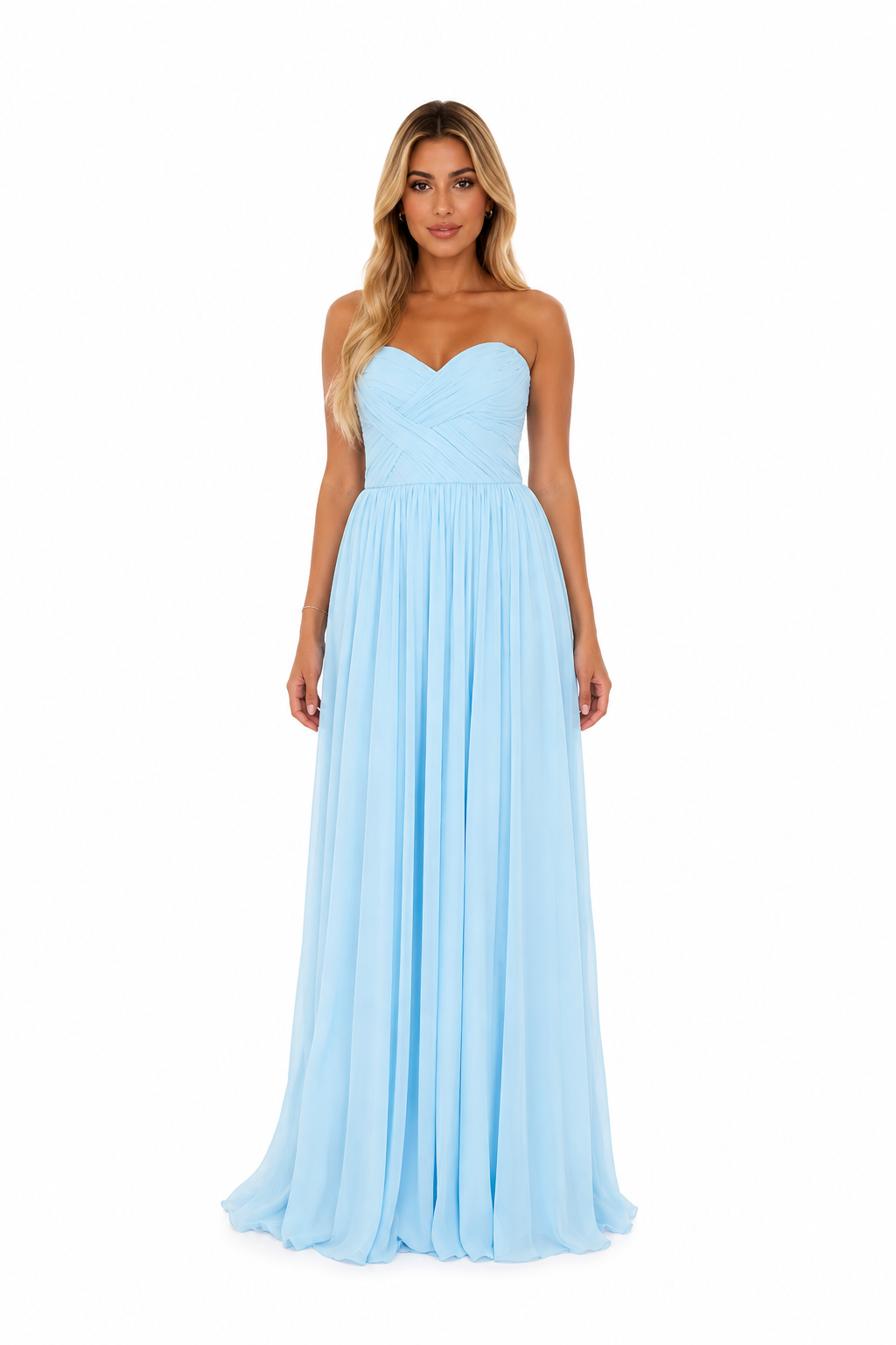 Pleated Sweetheart Chiffon Gown - Sky
