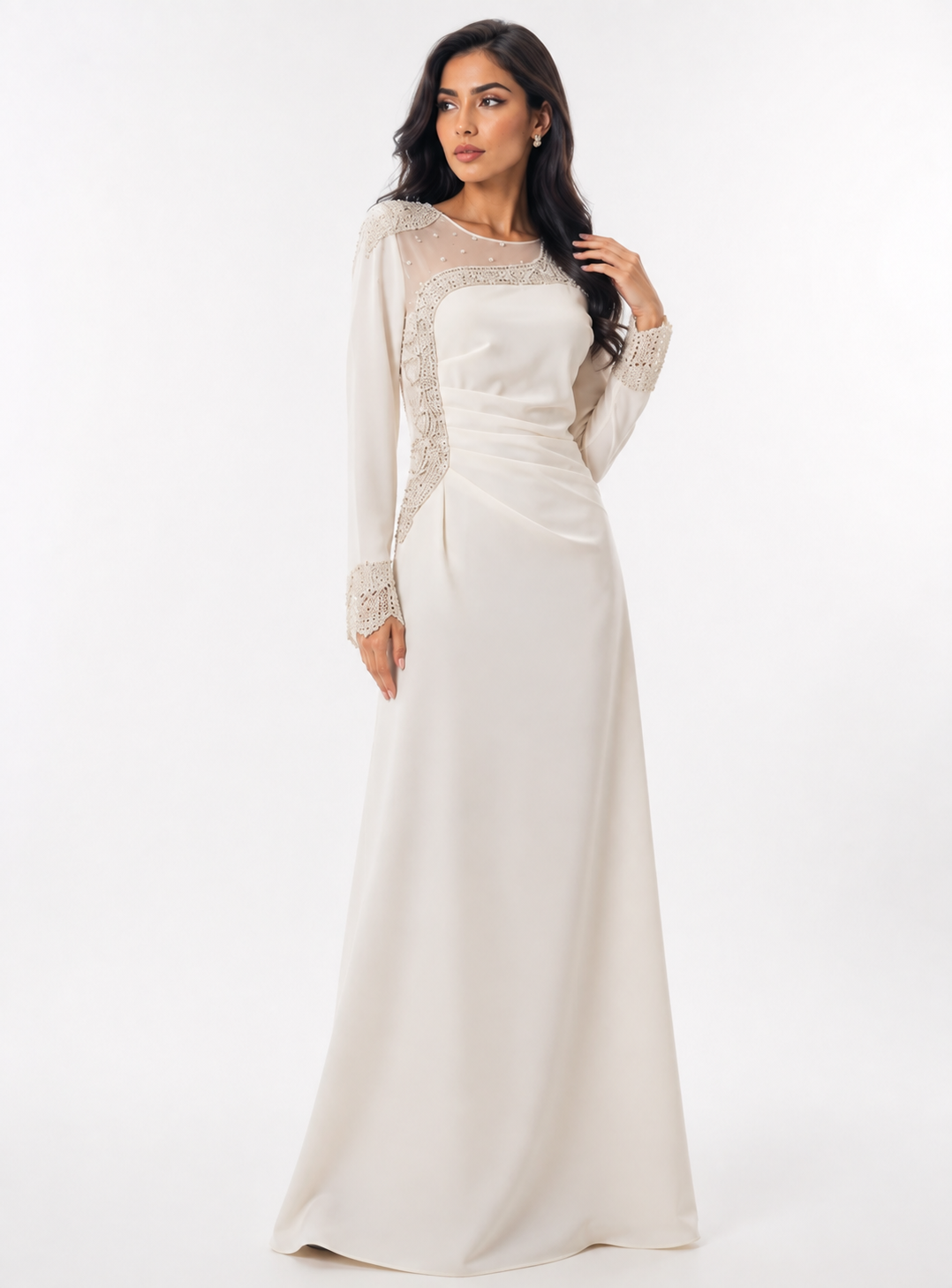 Ivory Crystal-Embellished Long Sleeve Gown – Elara
