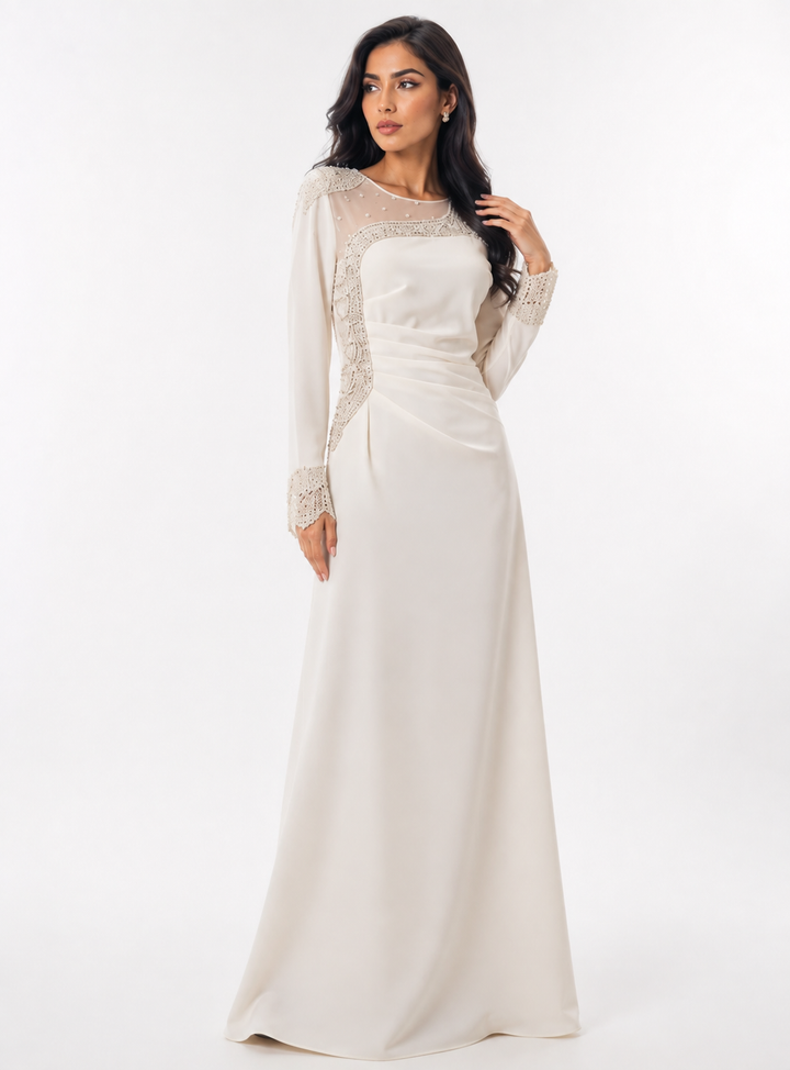 Ivory Crystal-Embellished Long Sleeve Gown – Elara