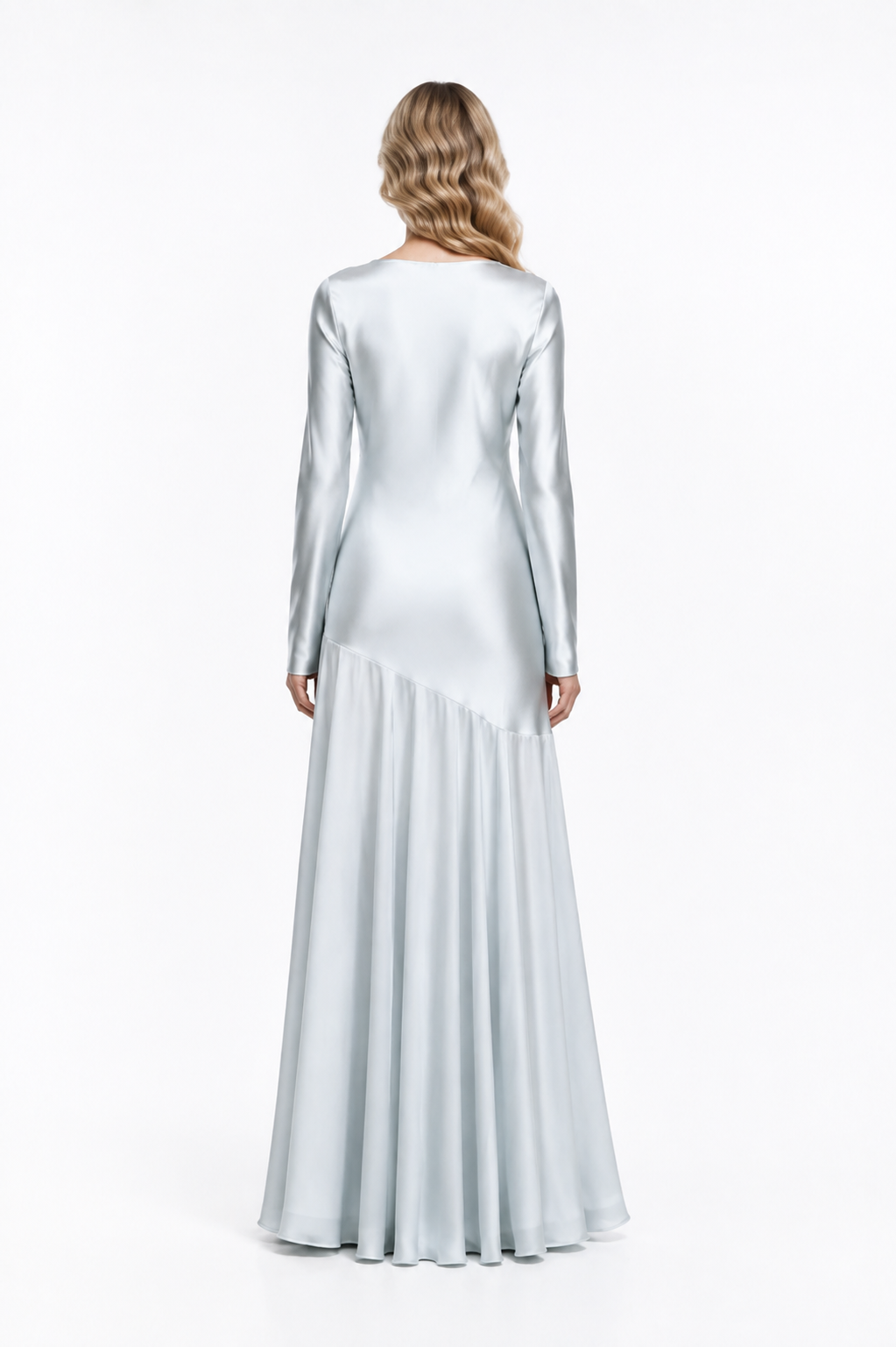 Ice Blue Satin Long-Sleeve Gown – Glacia