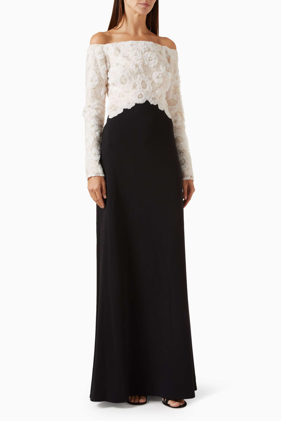 Off-shoulder gown with embroidered lace bodice – NOIRE