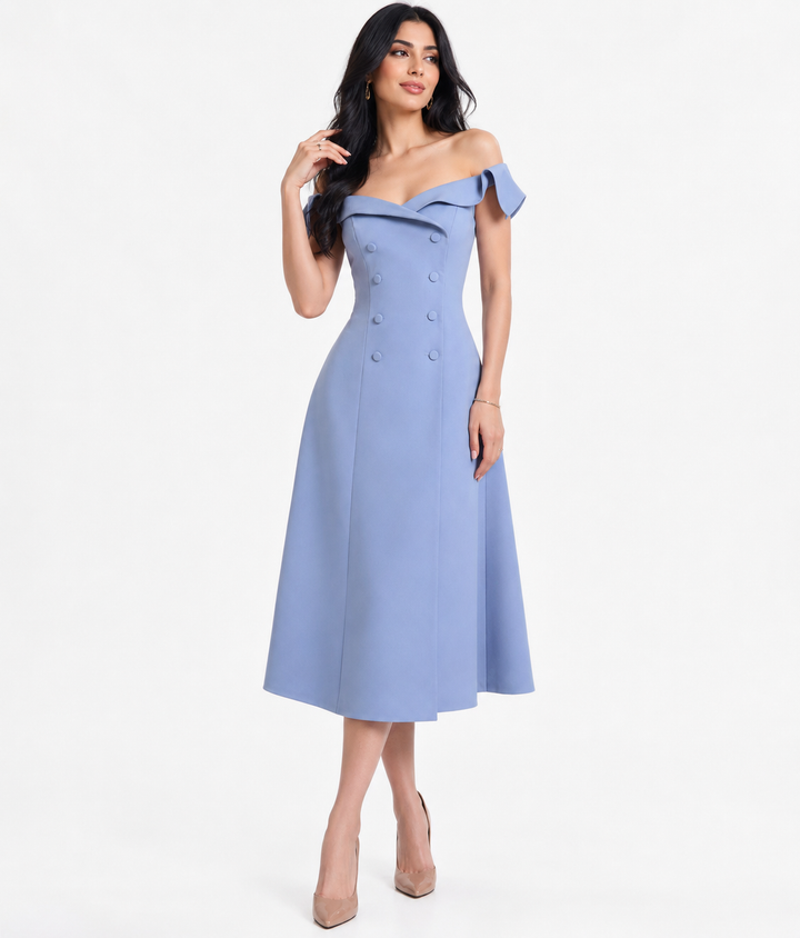 Off-Shoulder Buttoned Midi Dress - Azure