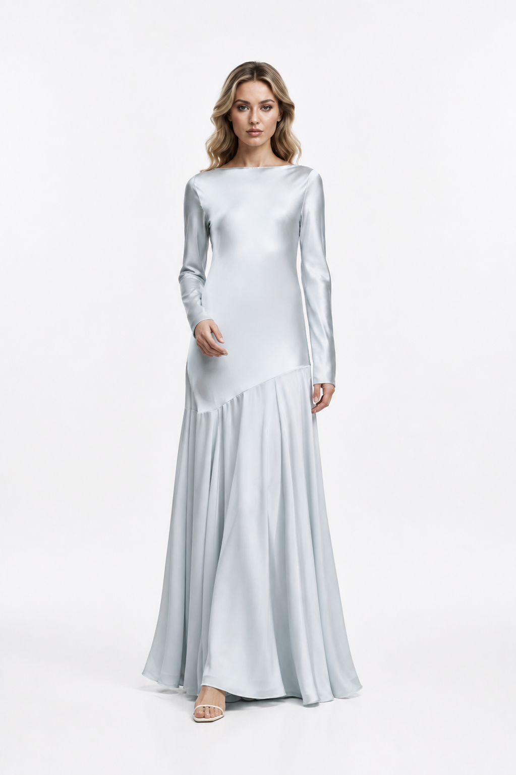 Ice Blue Satin Long-Sleeve Gown – Glacia