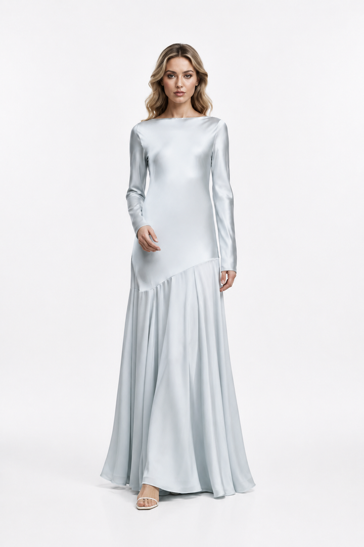 Ice Blue Satin Long-Sleeve Gown – Glacia