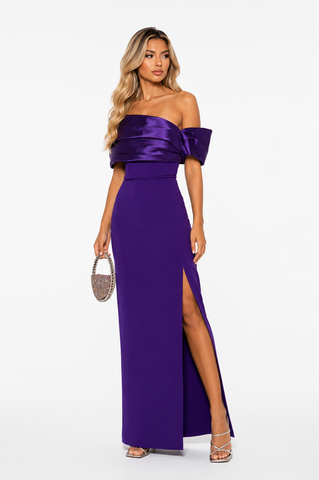 Off-Shoulder Satin Maxi Dress – Violet