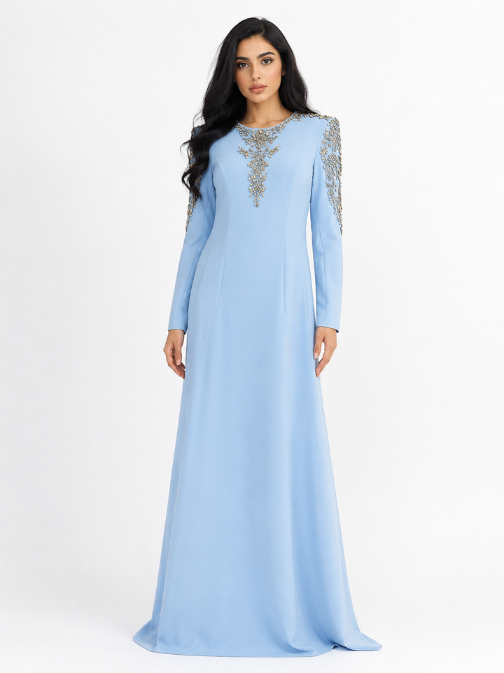 Crystal Embellished Maxi Dress - Sky