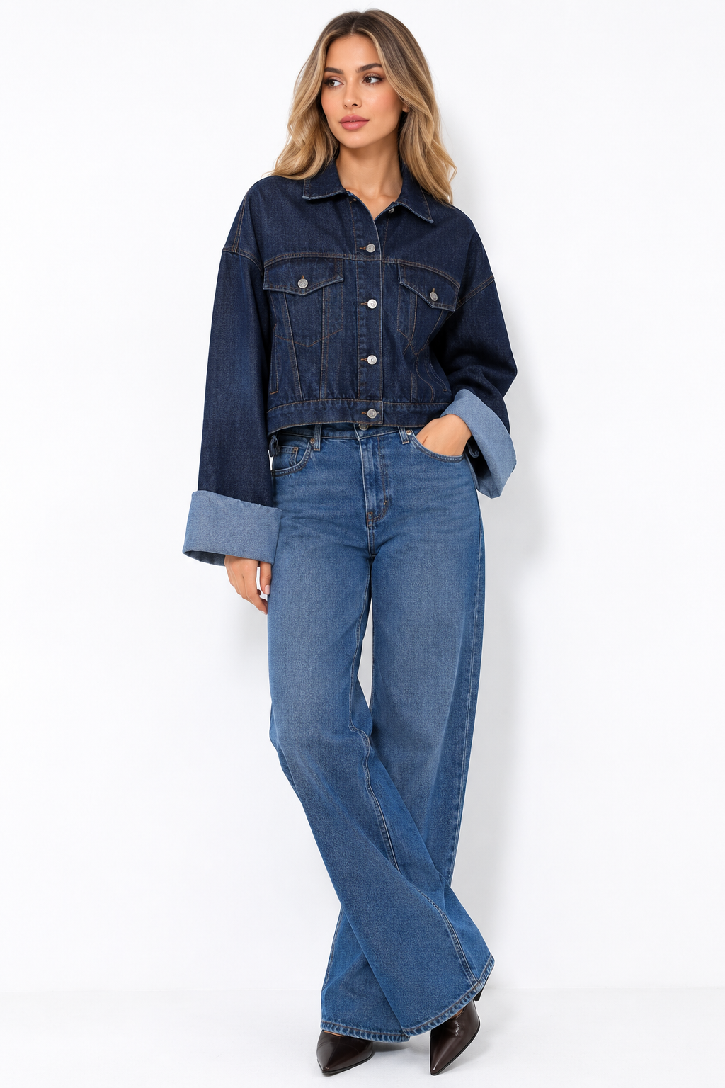 Cuffed Cropped Denim Jacket - Classic