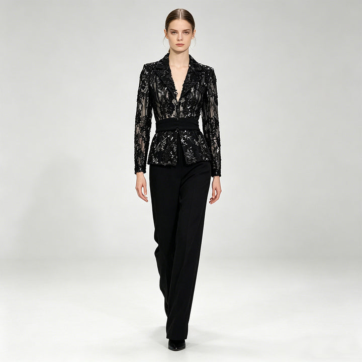 Sequin Lace Blazer & Wide-Leg Pants Set - Noir