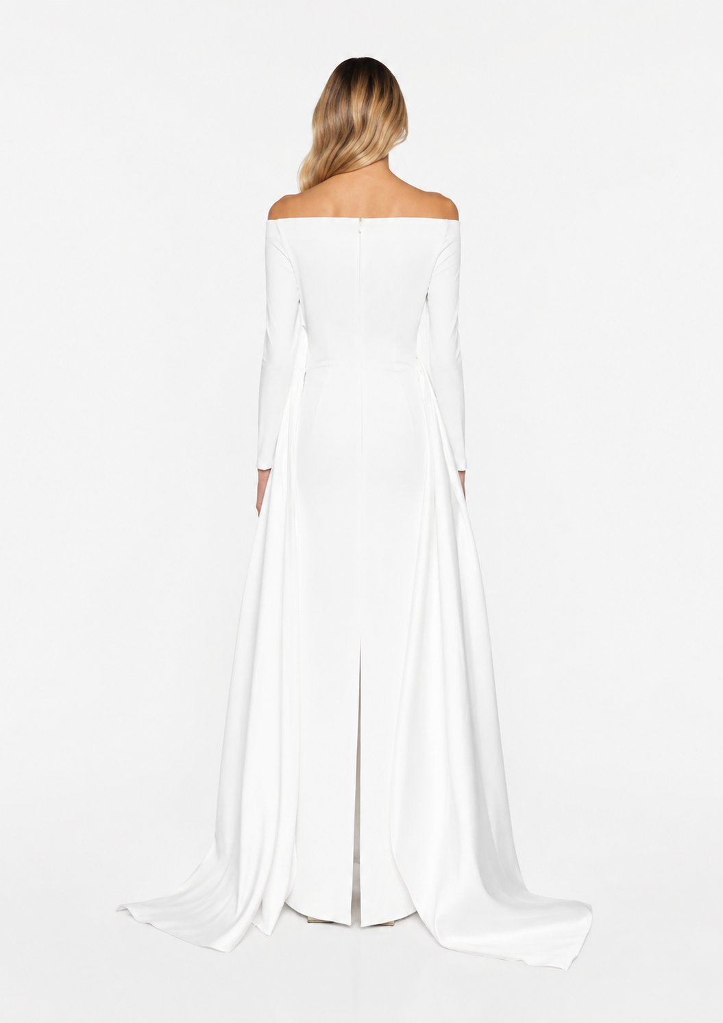 off-shoulder gown with sculpted draped train – Xalee