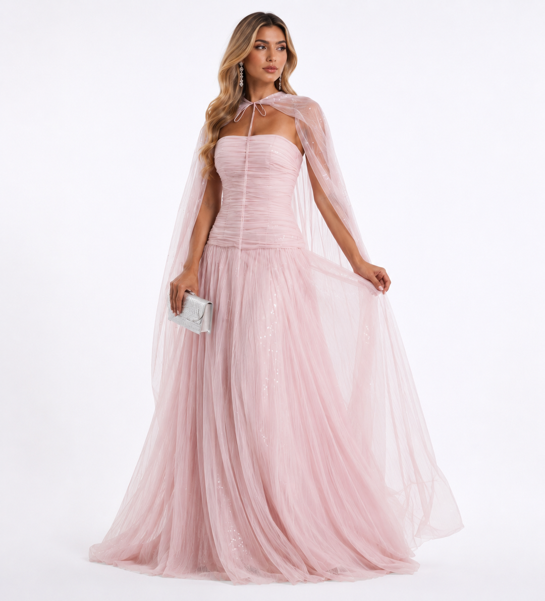 Ruched Cape Sequin Gown - Blush