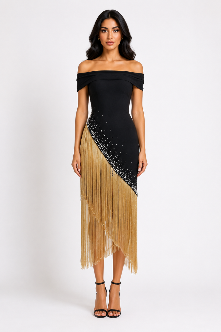 Midnight Fringe Pearl Dress - Glamour