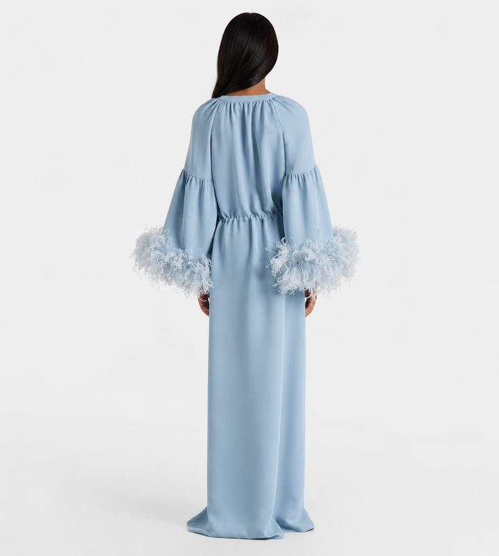 Powder Blue Feather Cuff Kaftan Dress - Serenity