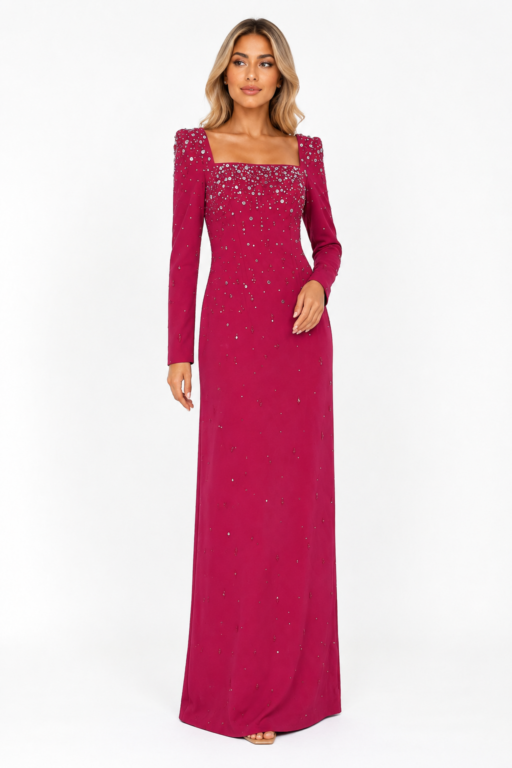 Embellished Square Neck Maxi Dress - Burgundy