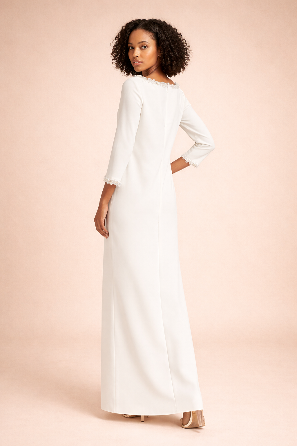 long-sleeve column dress with pearl trim neckline – ELIANA