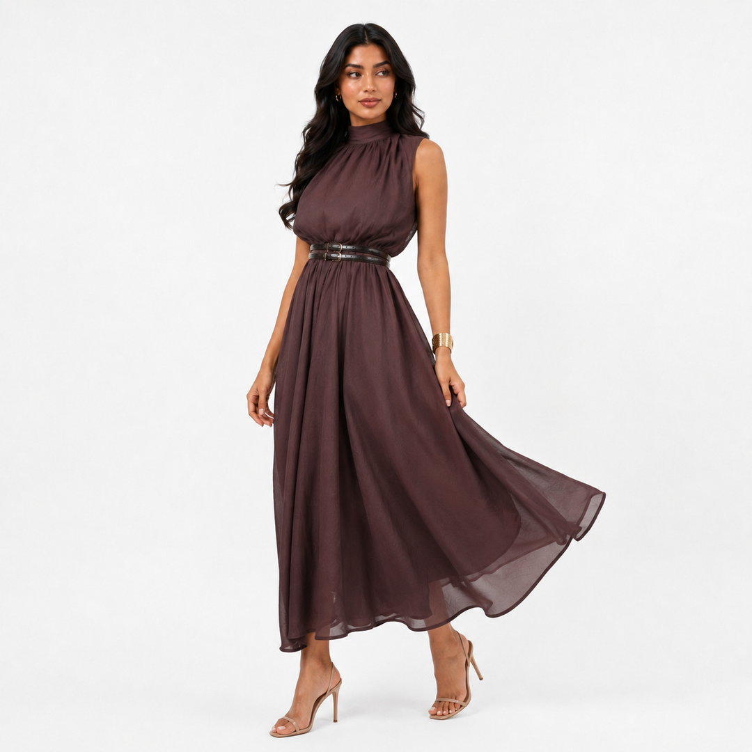 Elegant High-Neck Chiffon Maxi Dress - Serenity