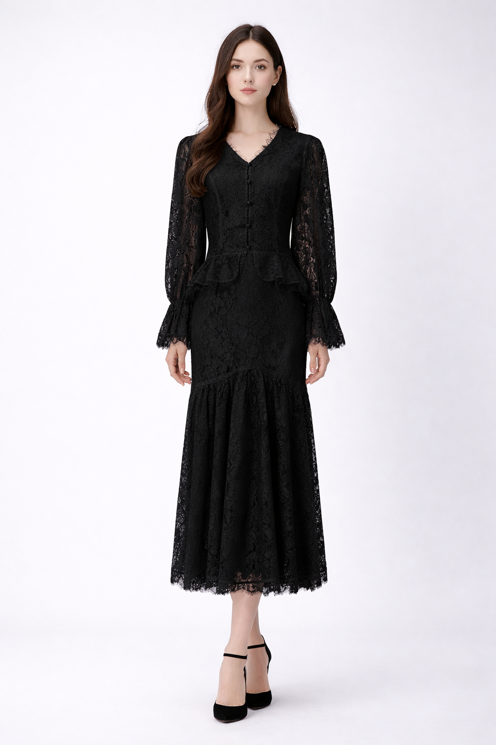 Elegant Lace Midi Dress with Button Front-ERINTA