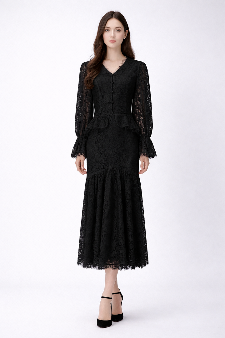 Elegant Lace Midi Dress with Button Front-ERINTA