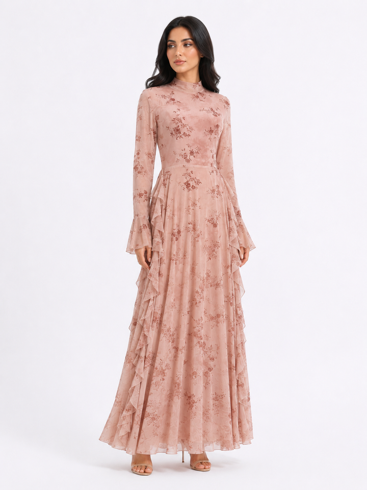 Floral Jacquard Ruffle Maxi Dress - Taupe
