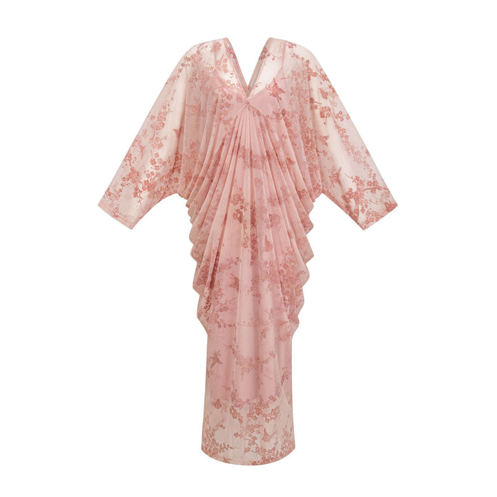 draped batwing sleeve midi dress with floral mesh overlay – MIST