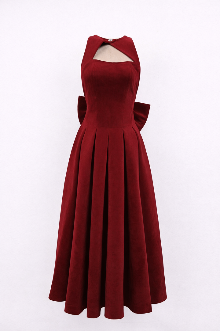 Name: sleeveless fit-and-flare dress with keyhole neckline and back bow – RUBINA