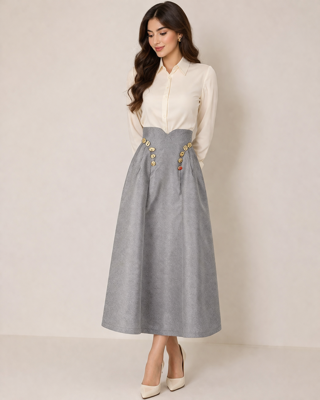 high-waisted midi skirt with gold button detail – ICON