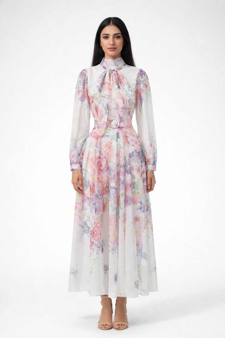 long sleeve floral chiffon dress with neck tie and belted waist – BLOSSOM