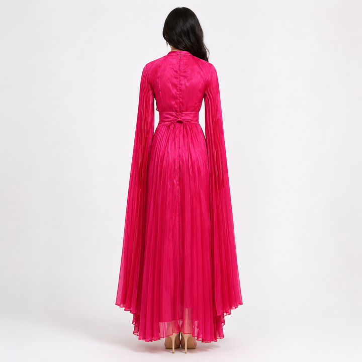 Pleated Cape Sleeve Maxi Dress - Fuchsia