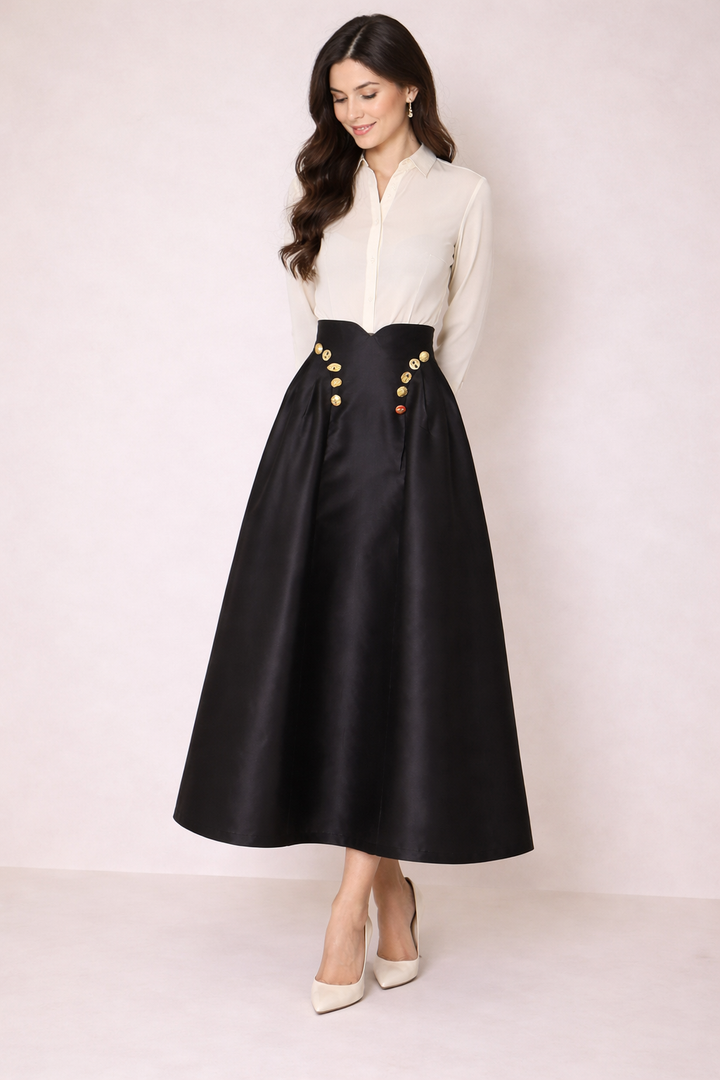 high-waisted midi skirt with gold button detail – ICON