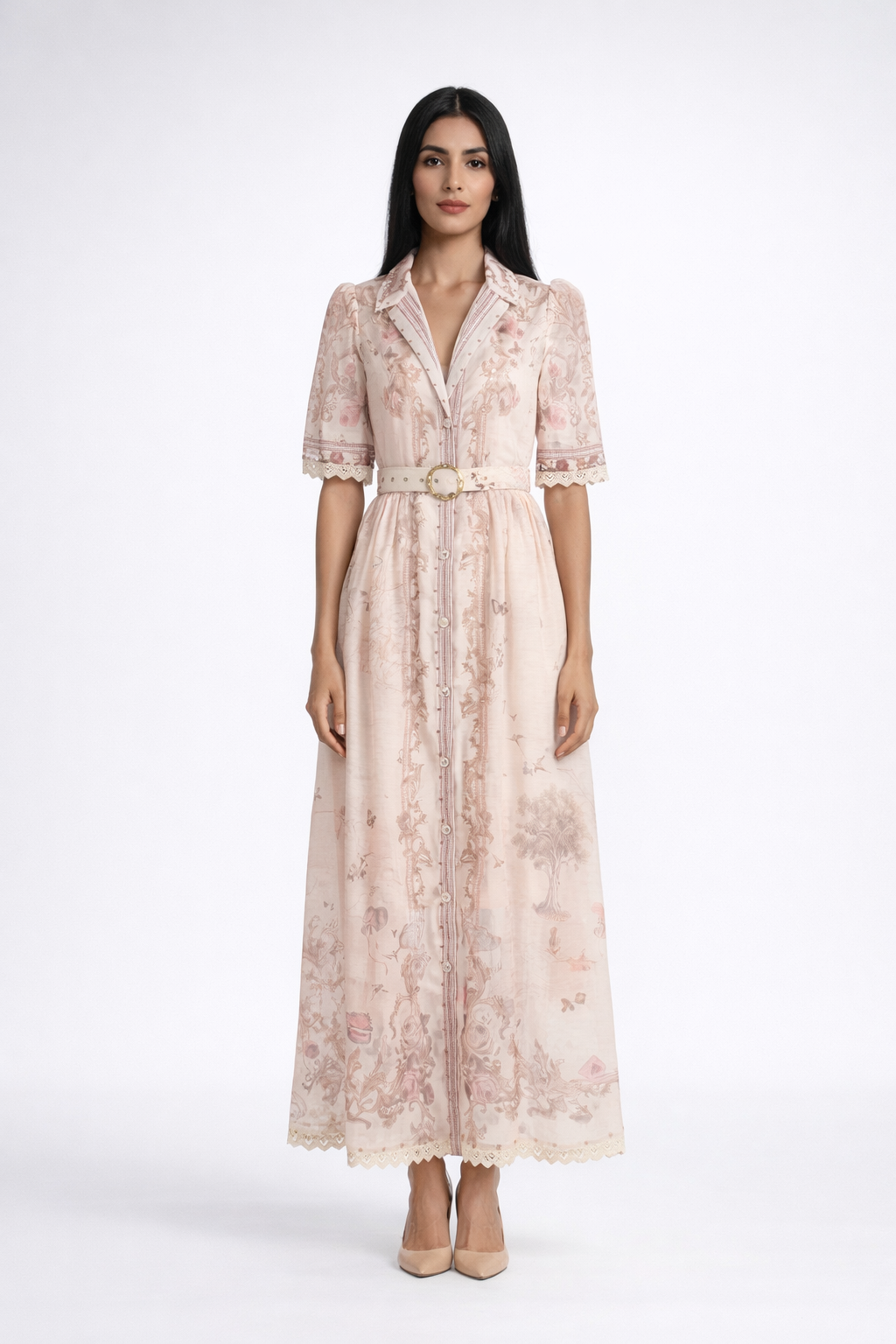 short sleeve vintage print chiffon maxi dress with belt – AURELIA
