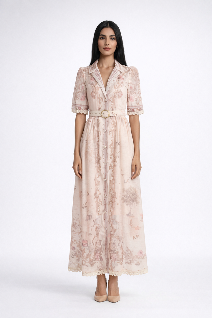 short sleeve vintage print chiffon maxi dress with belt – AURELIA