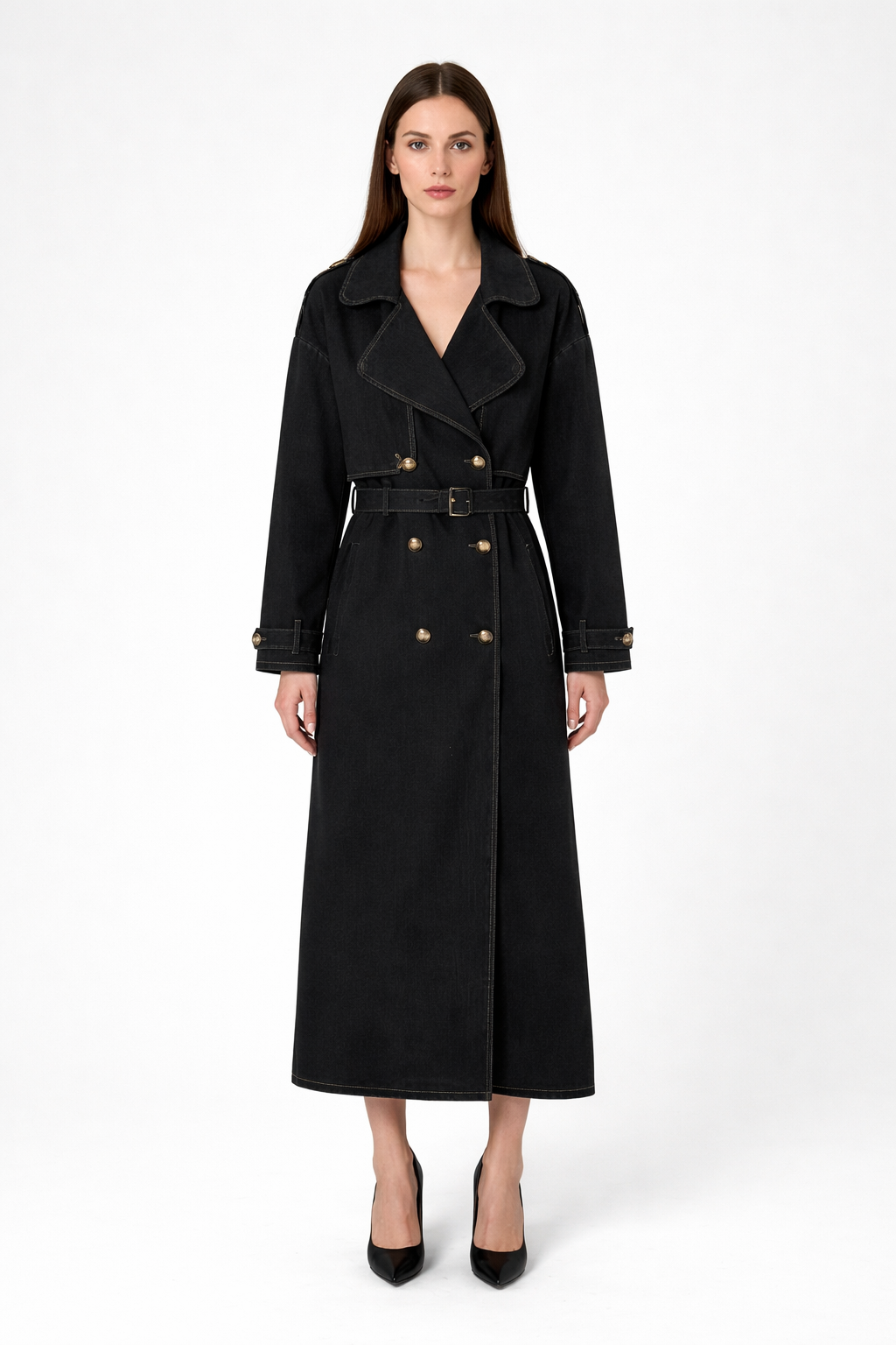 Denim Belted Trench Coat-XOLA
