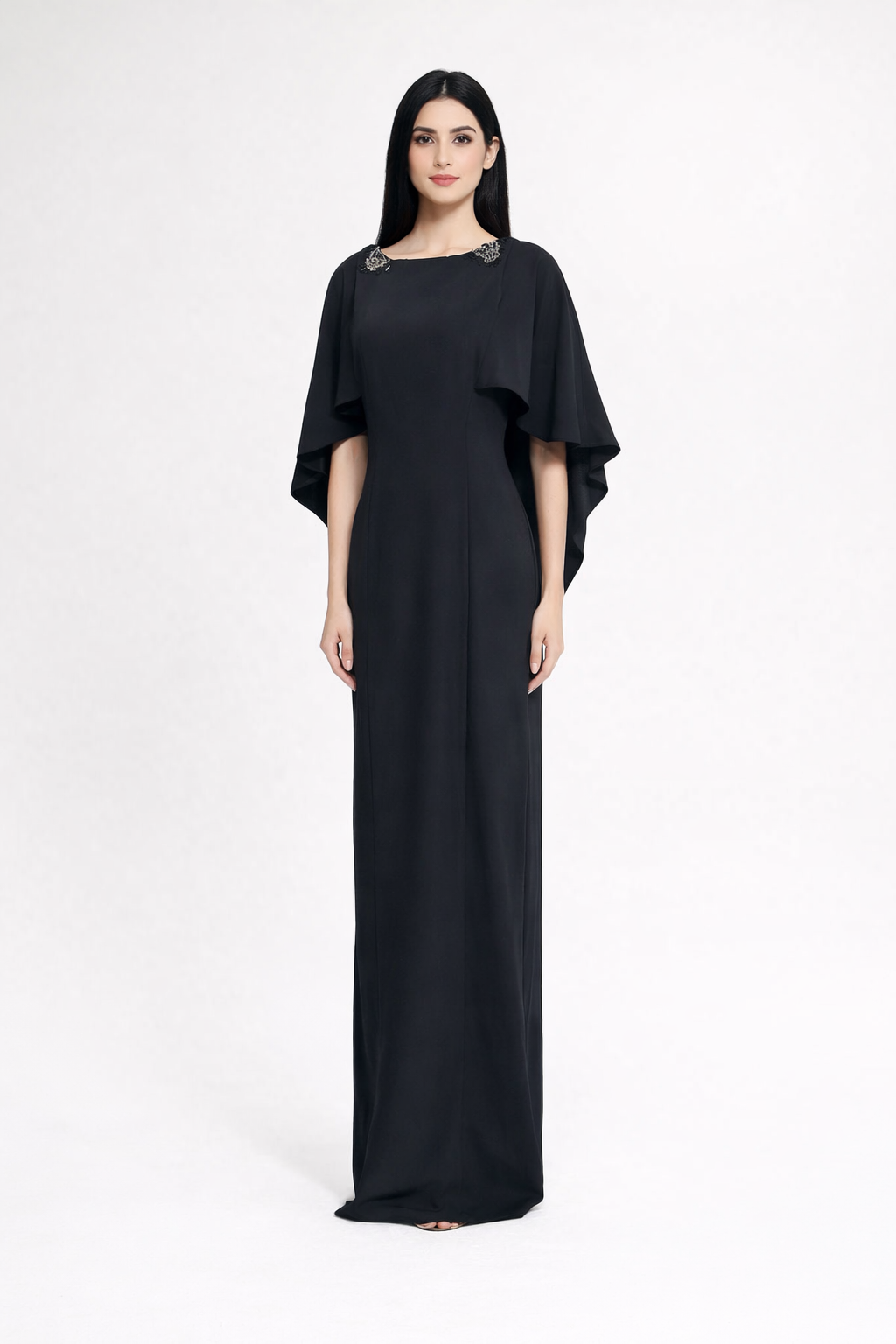 cape sleeve maxi dress with embellished shoulders – NOIRE