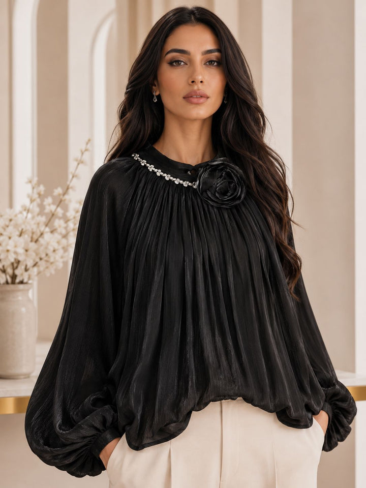 Luxury Rose Detail Satin Blouse - Glamour