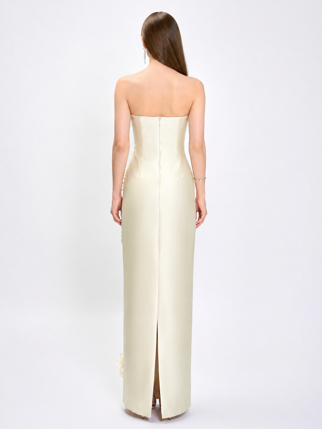 Ivory Strapless Evening Gown with 3D Floral Appliqué – ÉLARA